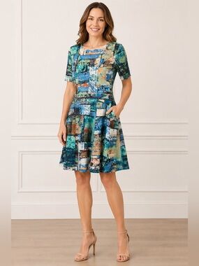 Karen Kane Abstract Print Fit & Flare Dress Size Large Blue Teal Artistic Knit